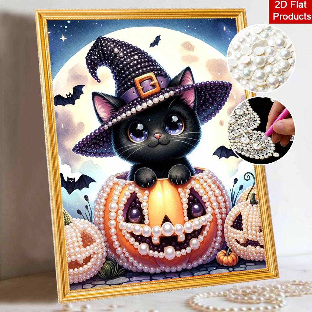 Pearl Painting DIY Kit Frameless Halloween Black Cat Pumpkin Pattern Shiny Bead Art Canvas Creative Wall Decor Holiday Gift