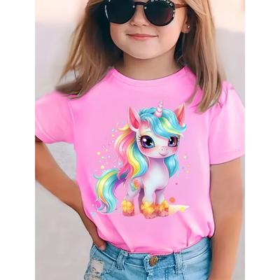 European Sizes Summer Fashion Girls' Short Sleeve T-Shirt with Cute Unicorn Cartoon Print Casual