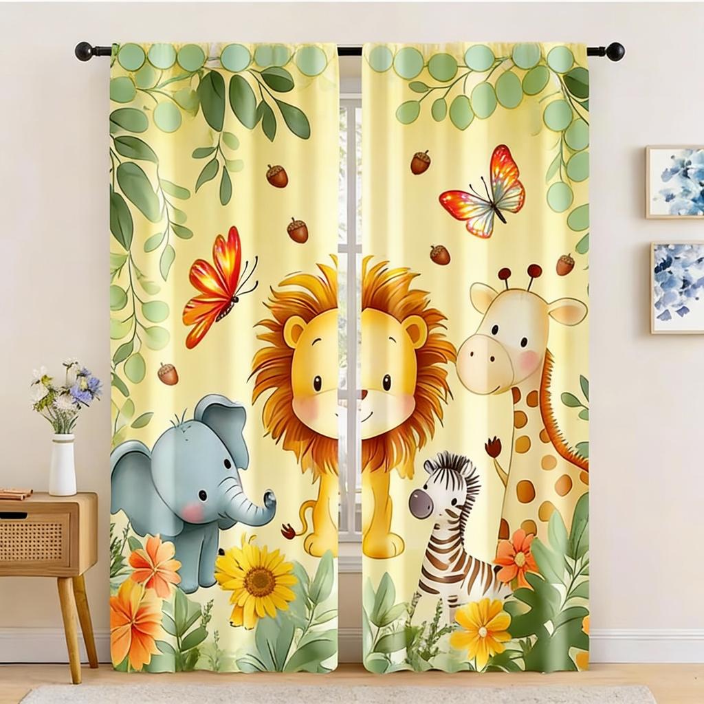 2Pcs Cute Animal Sheer Curtains Lion Elephant Giraffe Zebra Light Filtering Window Drapes for Spring Summer Room Decor