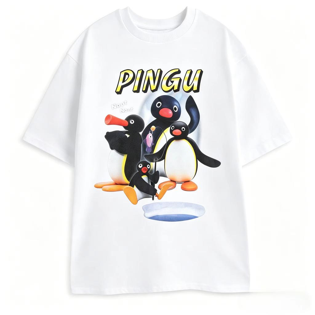 Pingu Noot Noot Grafisk T-shirt Pingvin Karaktär Tecknad Tryck Vintage Tvättad Bomull Lös Överdimensionerad Vardaglig Streetwear Toppar För Män Kvinnor