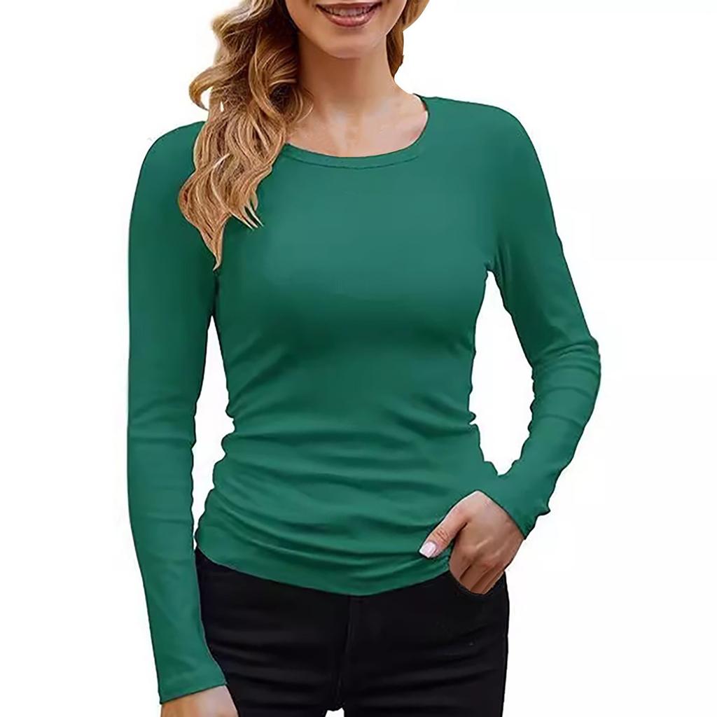 Camiseta Básica de Manga Larga para Mujer, Cuello Redondo, Canalé, Color Liso