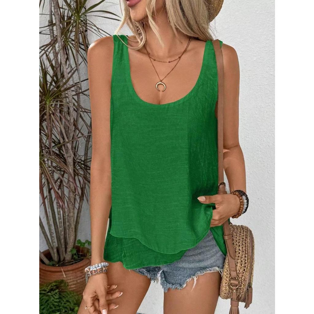 New European American Fashion Women's Fresh Sleeveless Tube Top Strappy Double Layer Swing Hem Cami Top