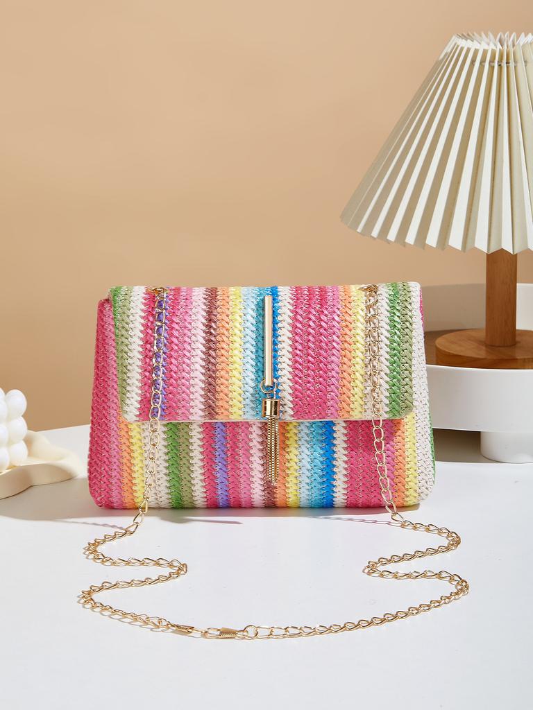 Color Striped Woven Hanging Bell Decoration Small Square Bag Women's New Chain Single Shoulder Crossbody Armpit