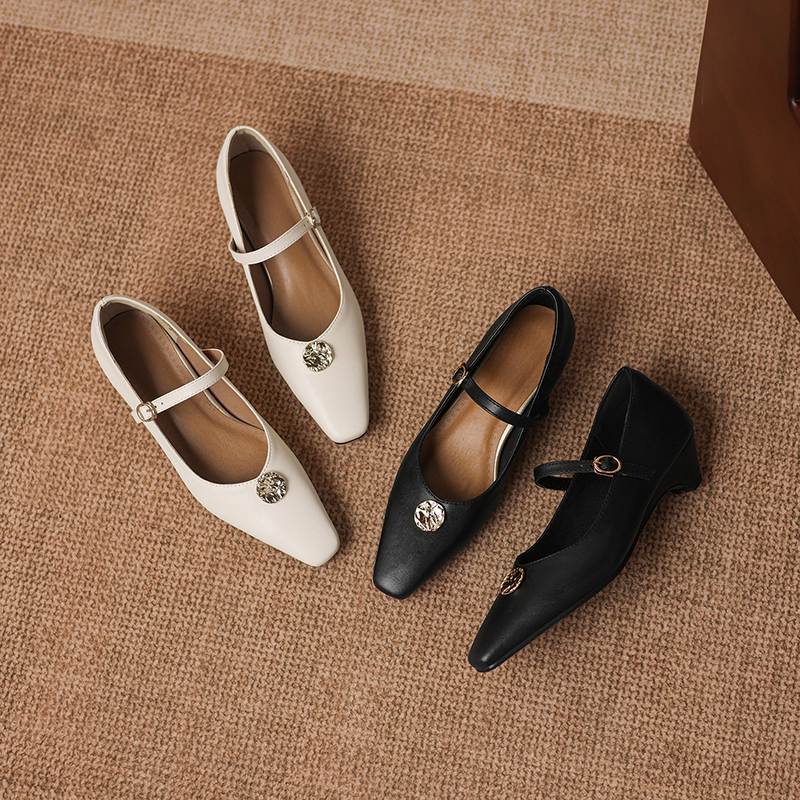Krazing Pot Microfiber Square Toe Thick Med Heels Spring Summer Shoes Big Size 43 Metal flowers Women Shallow Pumps