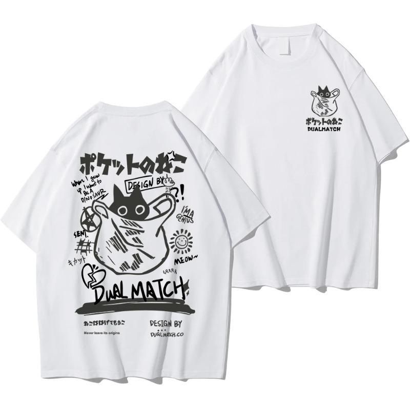 Men Women Cartoon T-Shirts 2026 Summer Harajuku Kawaii Cat Printed Short Sleeve Tees Couple Streetwear Loose Clothes Y2K Tops