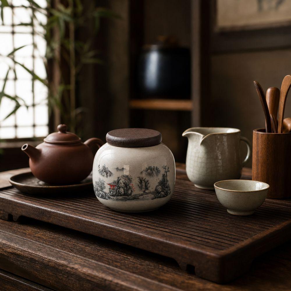 Wood Lid Traditional Chinese Tea Canister Ceramic Tea Leaf Can Tea Storage Jar Living Room