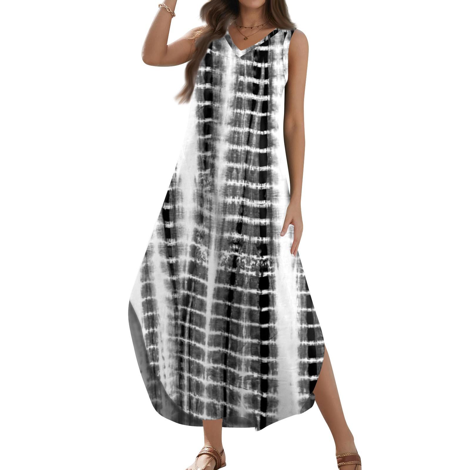 

Жіночі літні повсякденні вільні сарафани 2024 року, довгі сукні з принтом, без рукавів, футболка з V-подібним вирізом і розрізами, максі-сукні XXL