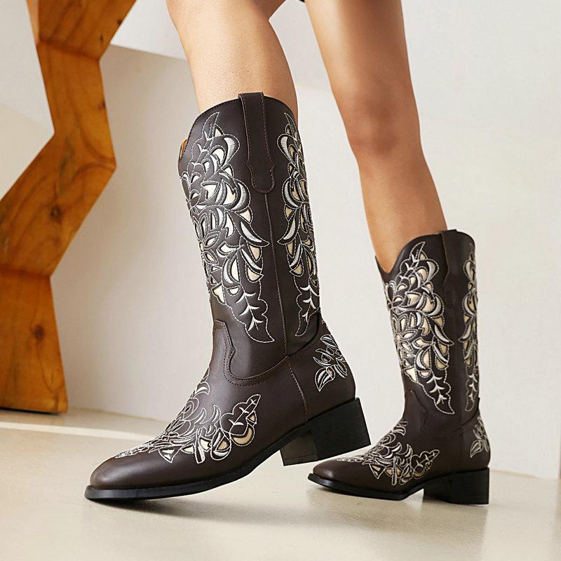 

Новые модные ретро с квадратной головкой толстого каблука на среднем каблуке женские сапоги со средним рукавом