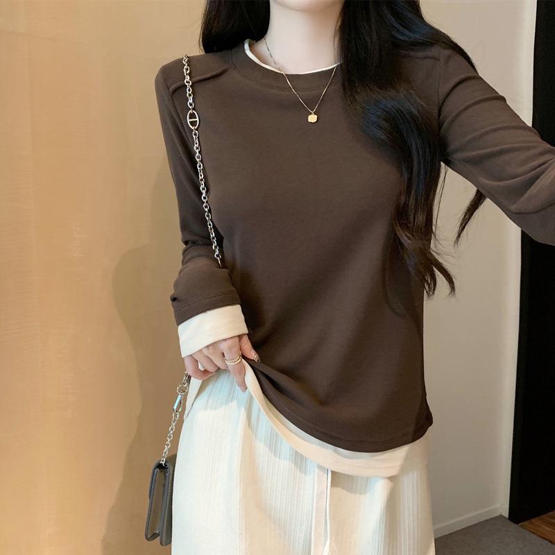 2026 Spring Women's Slim Fit Round Neck Color Block Long Sleeve Fake Two-Piece Layered T-shirt