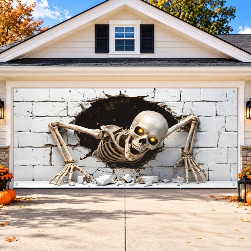 Pongee Fabric Halloween Garage Decoration, Full Skeleton Brick Wall Artwork for Parties and Community Displays