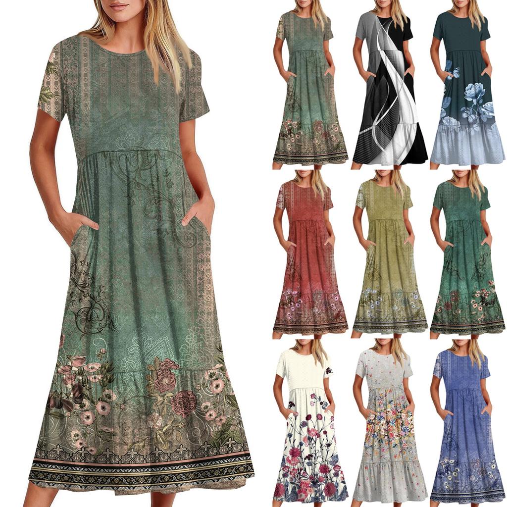 Short Sleeve Boho Dress For Women Casual Loose Fit Summer Sundress Floral Print Dress With Pockets