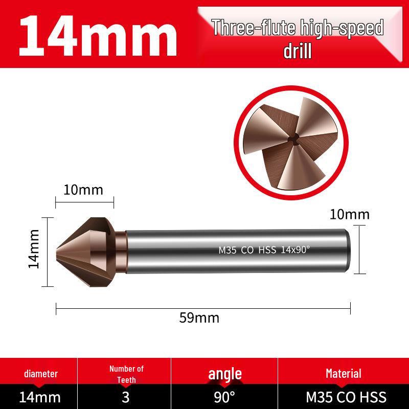 Straight Shank Single-Edge 3-Flute 45° Chamfering & Deburring Countersink Drill Bit, 90° Inner Hole Trimmer