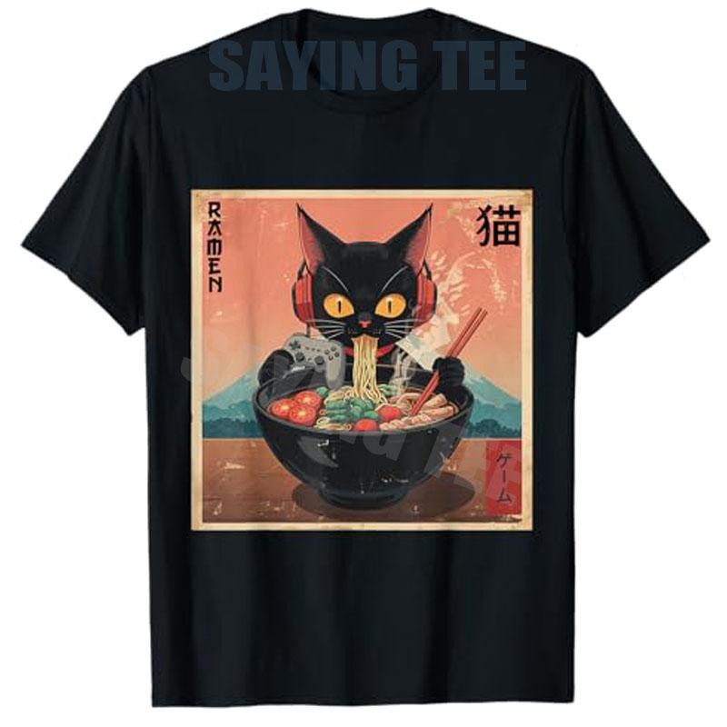 Cute Kawaii Gamer Cat Funny RaUnisex Retro Japanese Cat Gaming TShirt Y2k Kitty Controller Cartoon Graphic Tees Kitten Eat Noodles