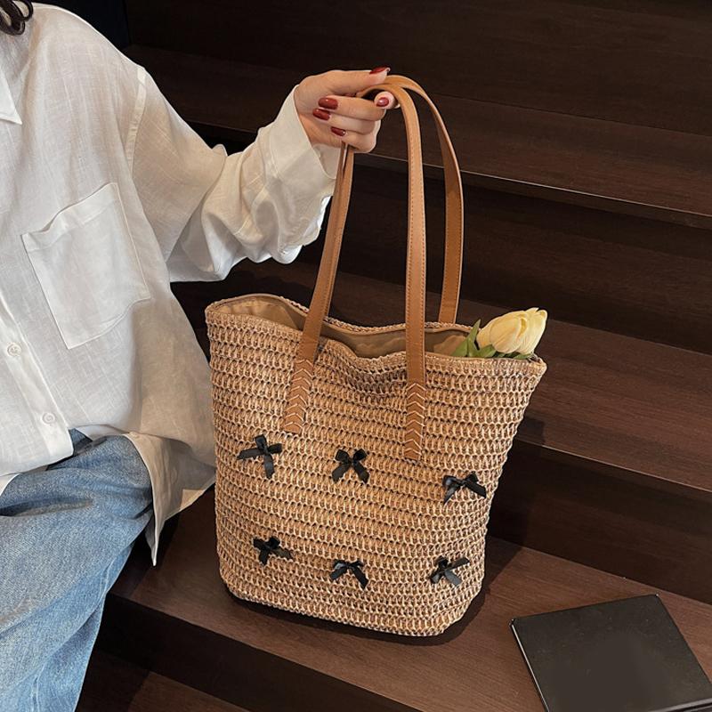 

Yogodlns Summer Beach Large Capacity Tote Bag Women Shoulder Bag Handmade Woven Top-Handle Bags Raffia Boho Women Bag 39x11x35cm хакі