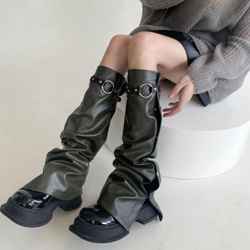 Women Punk Buckle Leather Leg Warmers Harajuku Grunge Leg Socks Side Buttons Wide Baggy Boot Covers Gaiters Streetwear