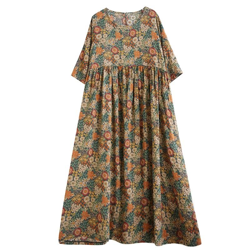 Kurzarm Plus-Size-Baumwolle im Vintage-Stil mit Blumenmuster, neu in Kleidern für Damen, lässiges, lockeres, langes Sommerkleid
