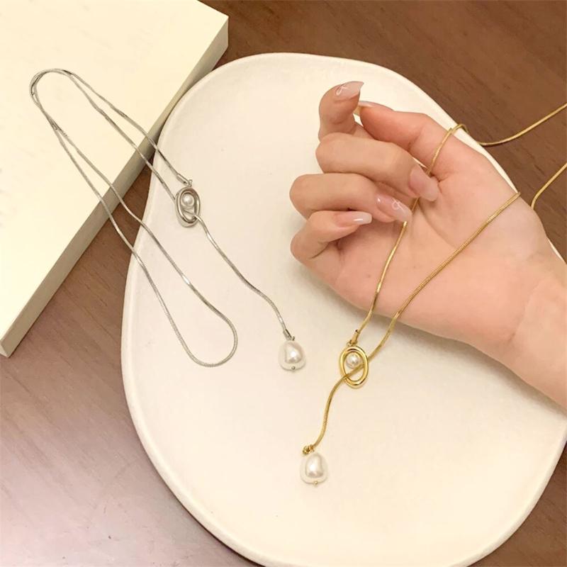 Sturdy Brass Adjustable Chain Baroque Pearls Pendant Long Necklace for Women's Fashion Sweater Chain Jewelry Accessory