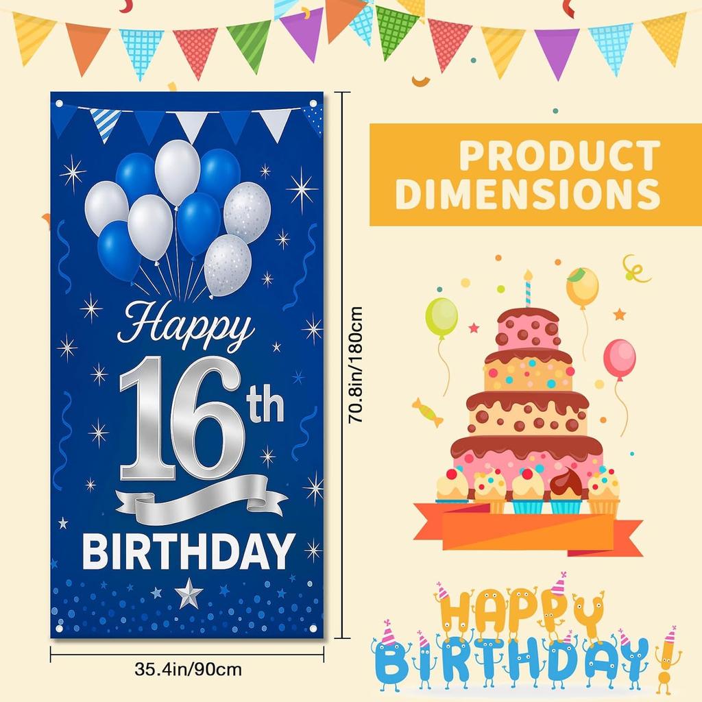 16th Birthday Door Cover 71x35 Inch Blue and Silver Birthday Banner for Party Decorations Balloon Ribbon Backdrop Sign for Boys Girls Teens Photo