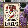2D Flat, Vintage Aluminum Metal Sign - "A Girl Who Loves Jesus Chickens" Funny Chicken Coop Wall Art - Waterproof No-Fade Indoor/Outdoor Decor