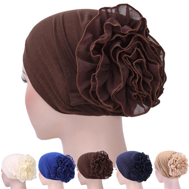 Frau Große Blume Turban Haar Zubehör Elastische Tuch Haar Bands Hut Chemo Beanie Damen Muslimischen Solide Haar Verlust Schal Kappe