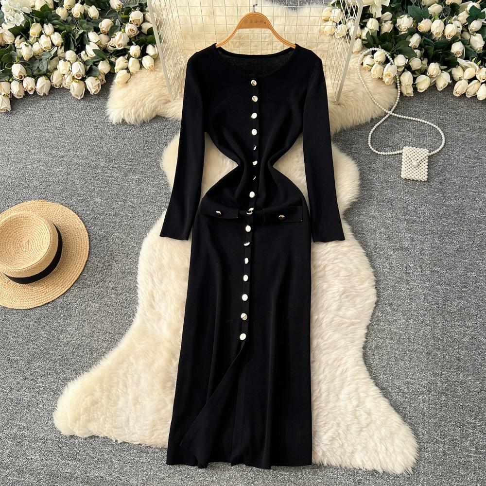 Autumn Winter Women Casual O-neck Full Sleeve Knitted Sweater Long Midi Pullover Dresses