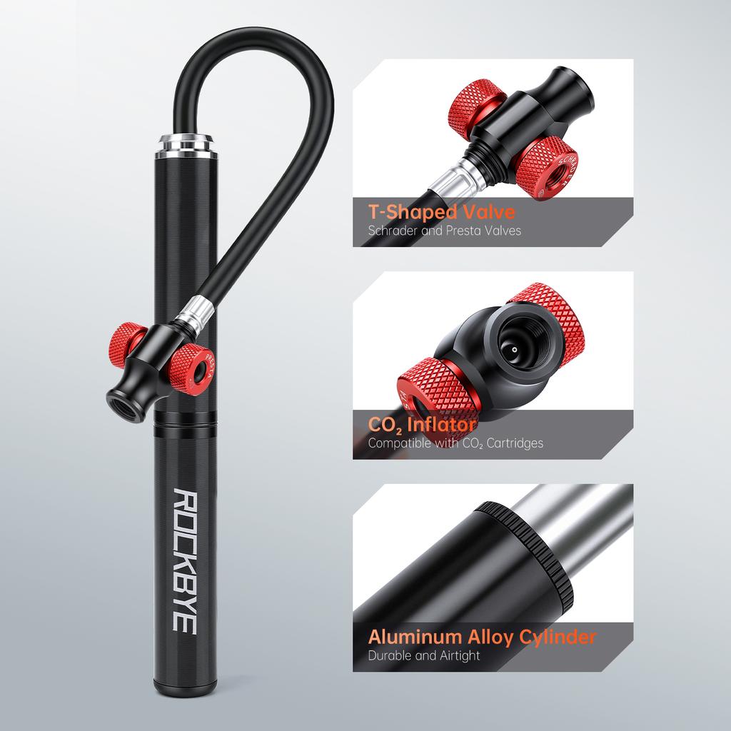 Dual Modes Bike Inflator Mini Bicycle Manual Hand Pump & Dual-Head Valve CO2 Cartridge Inflator 160PSI High Pressure Hidden Hose