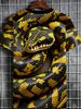 [Print Design-Not Textured] Men'S Round Neck Short Sleeve T-Shirt, Realistic Python Print Black And Yellow Reptile Pattern Design, Wild Street Style