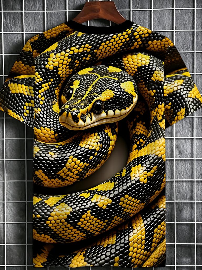 [Print Design-Not Textured] Men'S Round Neck Short Sleeve T-Shirt, Realistic Python Print Black And Yellow Reptile Pattern Design, Wild Street Style