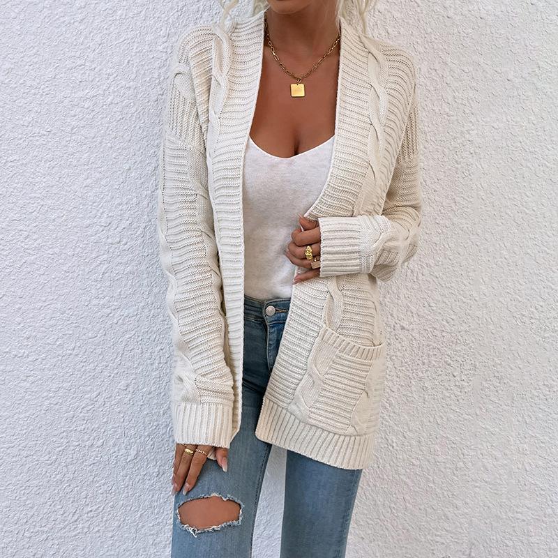 GMXIA Sweater Women's Autumn Winter Twist Mid-length Pocket Knitted Cardigan Coat