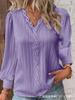 Women's V-Neck Long Sleeve Top with Lace Trim and Puff Sleeves