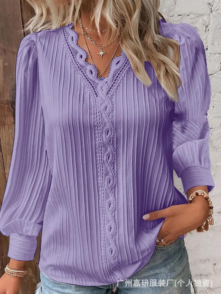 Women's V-Neck Long Sleeve Top with Lace Trim and Puff Sleeves