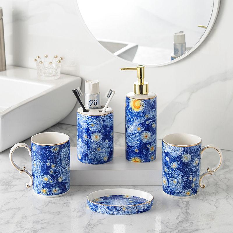 European Ceramic Blue Bathroom Five-piece Set Gold Border Gargle Cup Shampoo Bottle Soap Dish Wedding Gift Bathroom Accessories