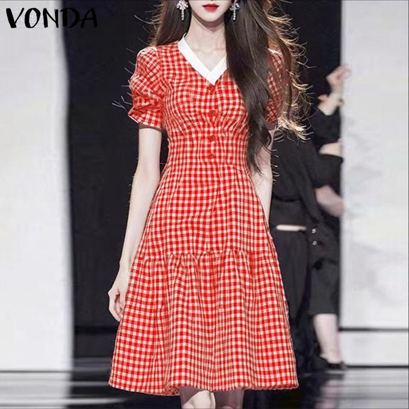 VONDA Women Stitching V Neck Short Sleeve Plaid Print Casual Pleated Dress