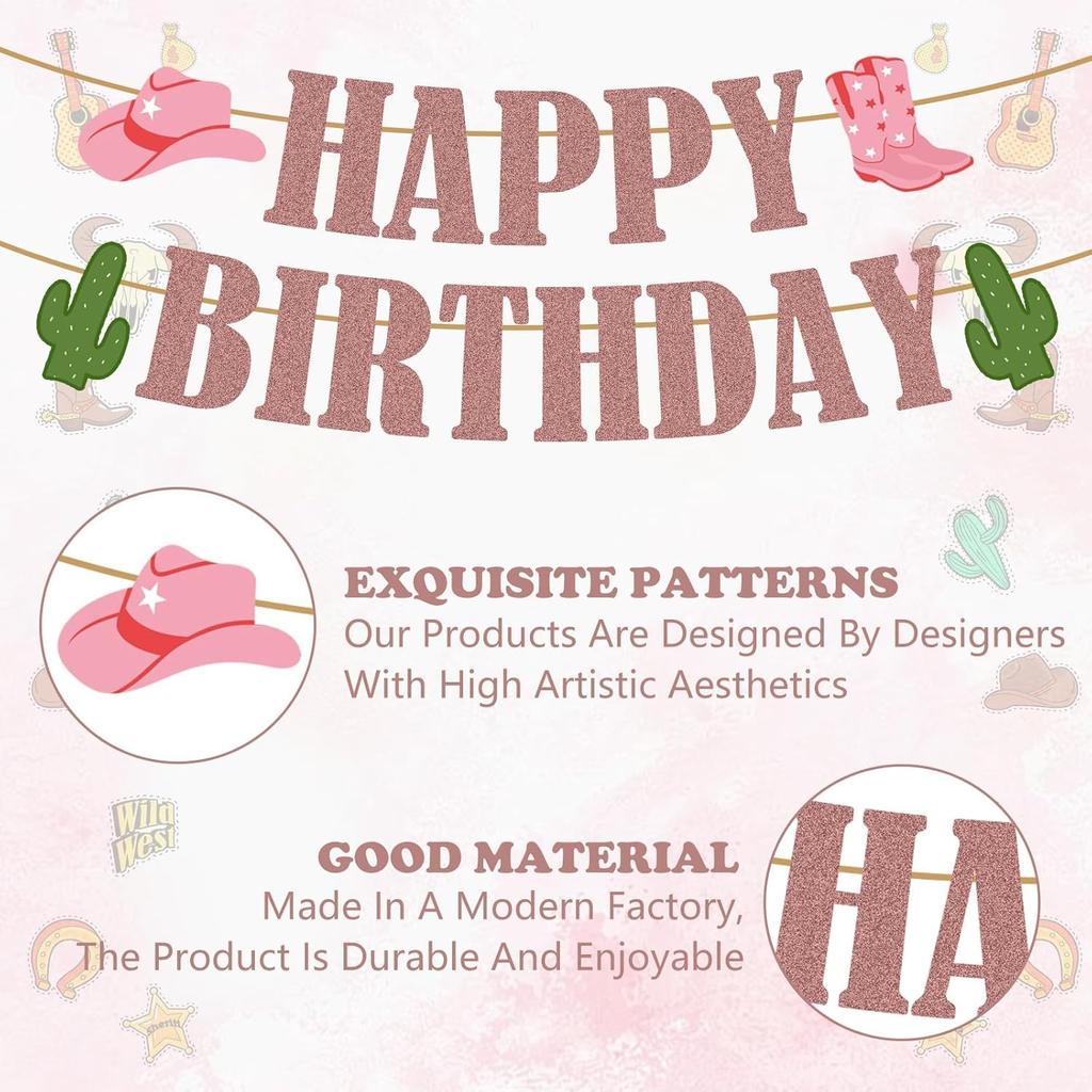Western Birthday Party Decorations, Cowboy Party Decorations Happy Birthday Banner Glitter Western Party Decors Hanging Banner Cowgirl Birthday Party