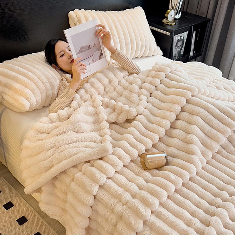 Ultra Soft Faux Rabbit Fur Throw Blanket Warm Plush Striped Blankets Conditioning Quilt Fluffy Throws For Couch Chair Sofa