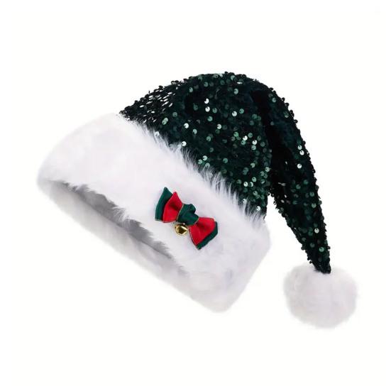 Yousheng Sequined Santa Hat Glittery Christmas Hat with Bow Fluffy Pompom Unisex Fuzzy Xmas Hat for Christmas New Year Festive Parties