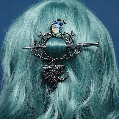 "Wolf Moon Hairpin: Retro Viking Headdress In Antique Silver - Unique Jewelry Accessory"