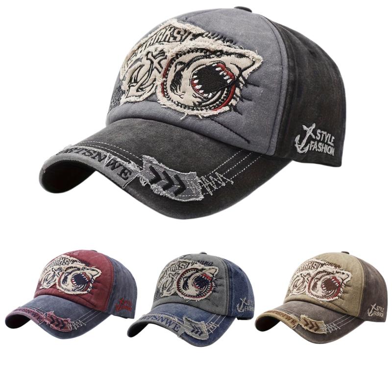 Herren Damen Retro Gewaschen Used Baseballkappe, Haifisch Stickerei Verstellbar Weich Frühling Herbst Kappe