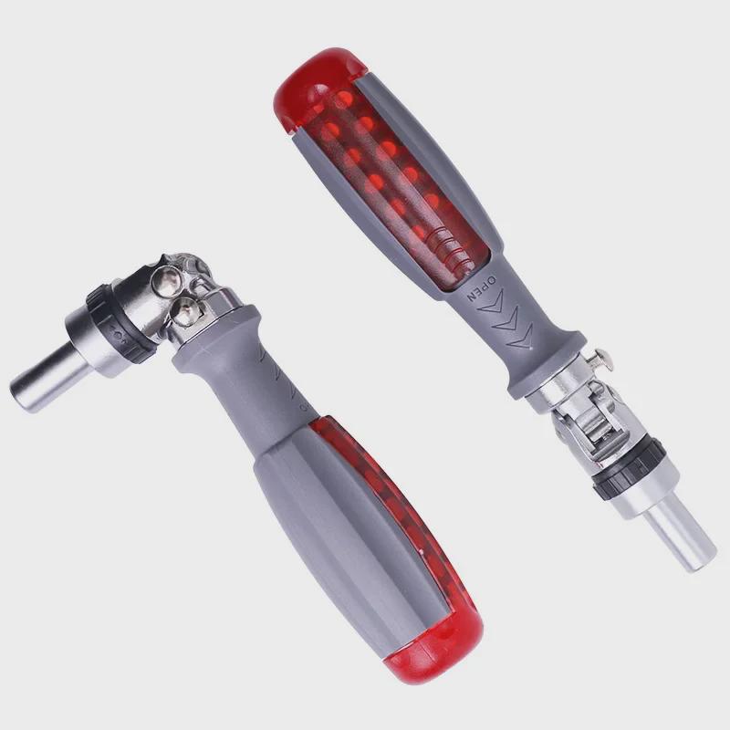 Versatile Multi-Angle Ratchet Screwdriver Set with Cross, Plum, and Hex Bits.