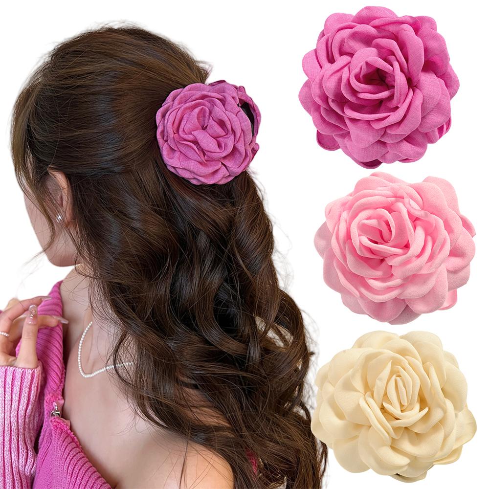 2/3 PCS New Solid Color Fabric Rose Flower Hair Claw for Women Girls Barrette Elegant Shark Clips Set Headwear Accessories Gifts