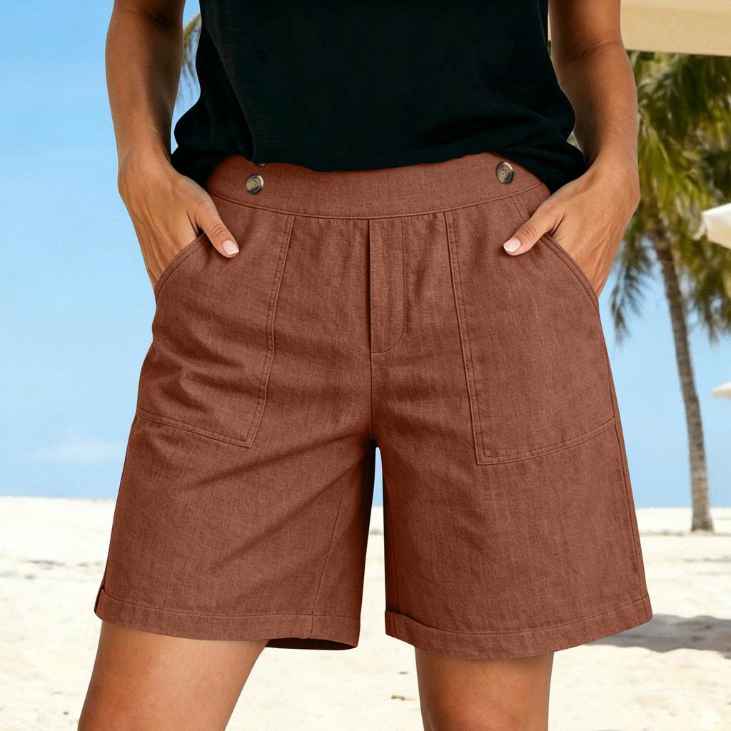 Weiche Shorts aus Baumwollleinen für Damen, Taschen, weicher Knopfverschluss, kein Reißverschluss, schmale Passform