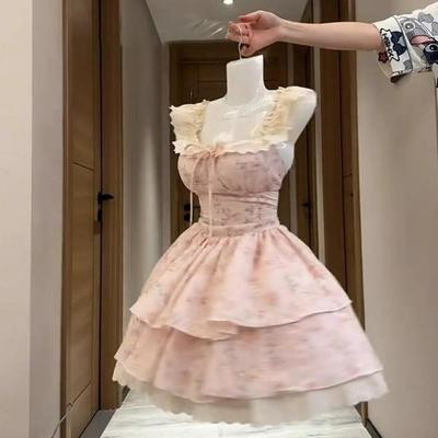 Mädchen Blumenkleid Damen Sommer Milch süßes kleines Flatterärmel Prinzessin Kuchenkleid Taille bauschiger Rock