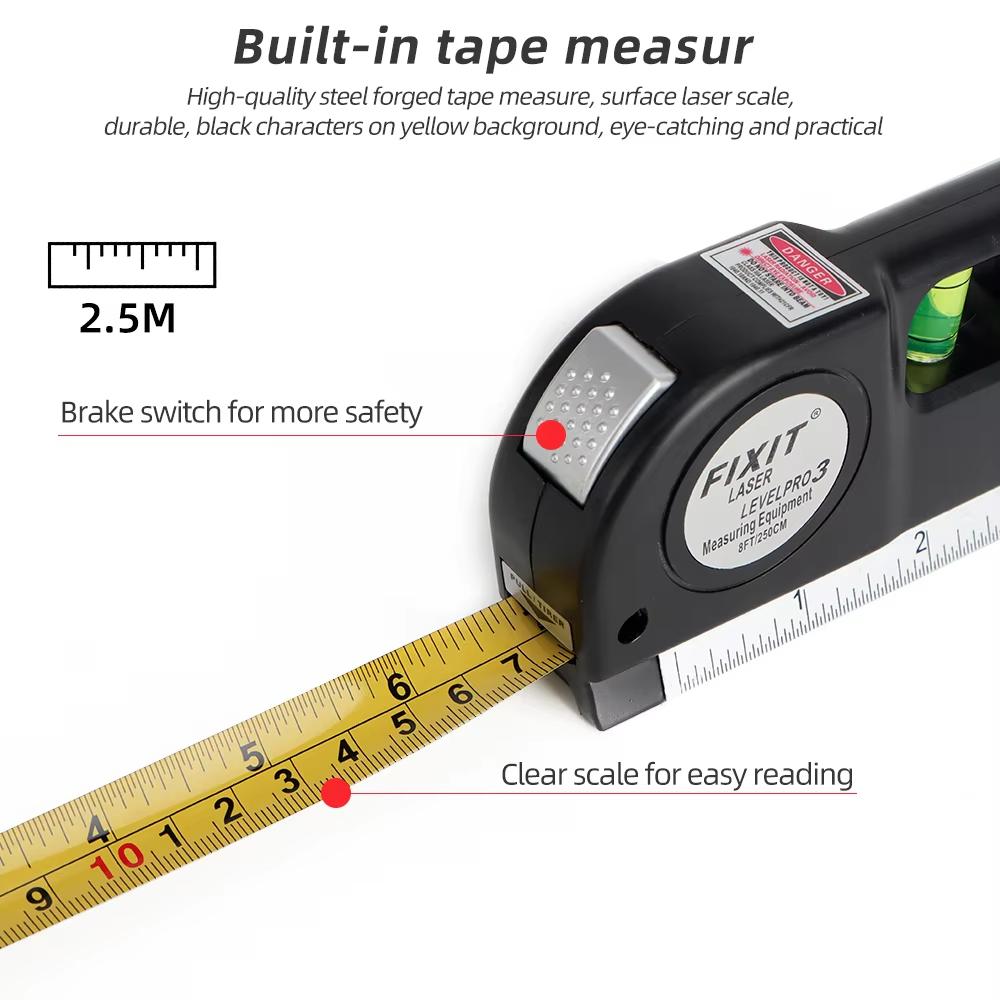 Multifunktionella Infraröda Laserpass med 8FT 2.5M Standard Måttband Korslinjelasrar Renoverings- och Byggverktyg