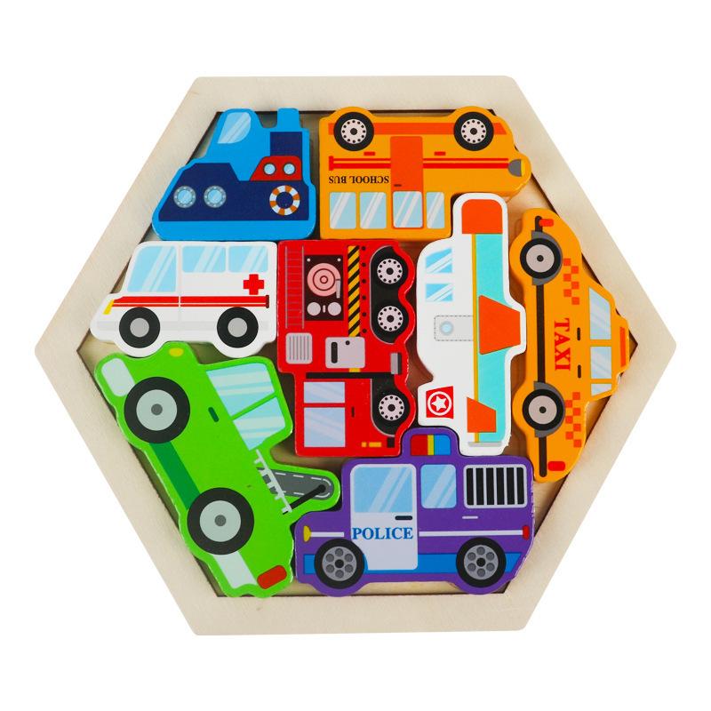 Children's Wooden Three-dimensional Hexagonal Puzzle Animal Traffic Puzzle Building Block Early Education Educational Enlightenment Toy