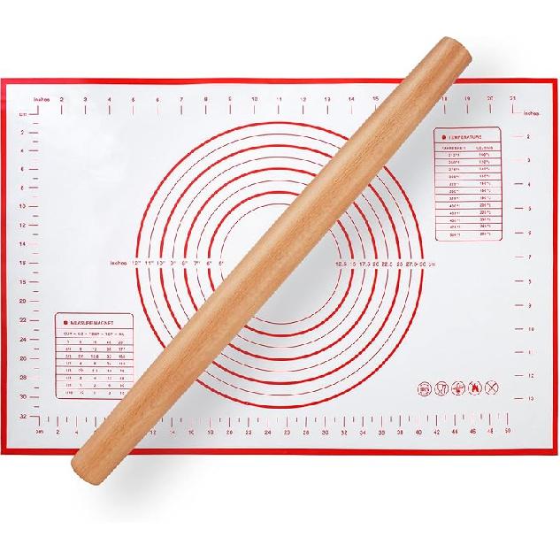 Wood French Rolling Pin for Baking, QUELLANCE Wooden Dough Roller with Silicone Baking Mat, Beech Wood Rolling Pins for Baking Dough, Pizza, Pie,