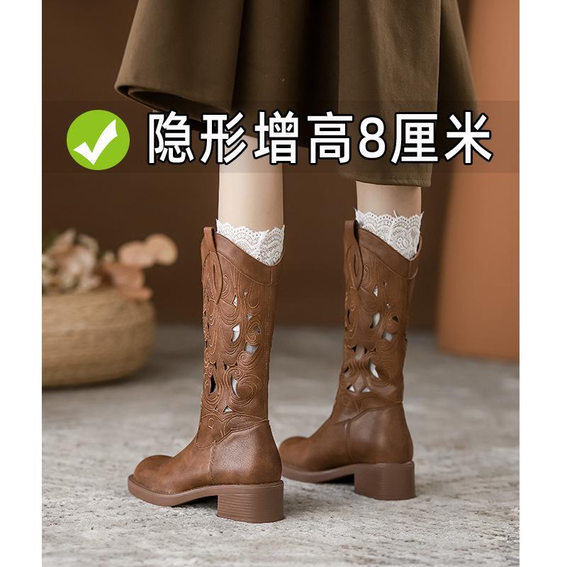 Inner Heightening Western Cowboy Boots Summer Thick-soled Embroidered Hollow Knight Boots Vintage Martin Boots Chelsea Boots