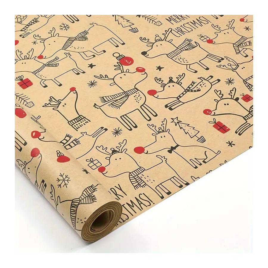 Weihnachtsgeschenkpapierrolle - Niedliches Rentier-Muster Kraftpapier zum Geschenkverpacken, 17×118 Zoll Festliche Weihnachtsdekorationsartikel