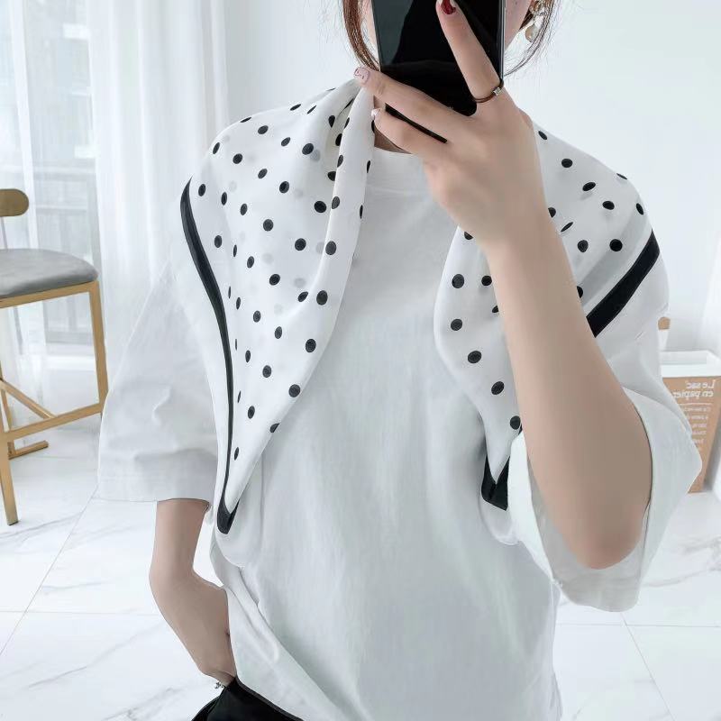 Women's Polka Dot Small Square Scarf: Silk-like Satin Fabric Fashionable Versatile Necktie & Scarf for Spring & Autumn