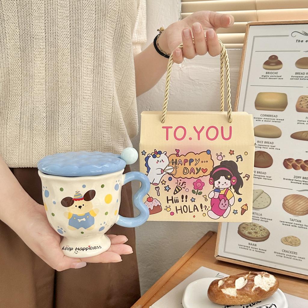 Niedliches Cartoon-Punkte-Welpen-Paar Wasserbecher Hochwertige Keramiktasse mit Deckel Löffel Zum Verschenken an Mädchen Geburtstagsgeschenk