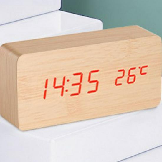 LED Wooden Alarm Clock & Thermometer - Digital Electronic Gift